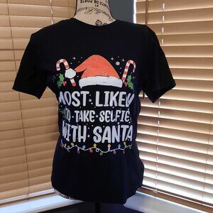 New Christmas T-Shirt Most Likely to Take Selfie With Santa Black Cotton Shirt